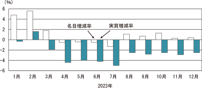 消費支出の対前年同月増減率(二人以上の世帯)のグラフ。2023年1月〜12月の各月の名目増減率と実質増減率を示している