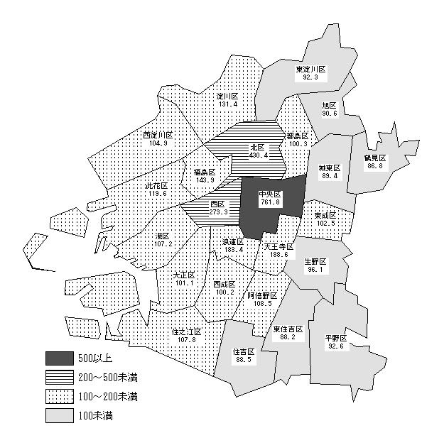 図3-4　大阪市区別の昼夜間人口比率（平成17年）