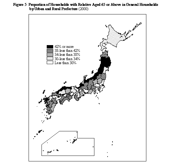 Figure 5 Proportion of Households with Relative Aged 65 or Above in
General Households by Urban and Rural Prefecture(2000)
