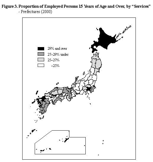 Figure 3.  Proportion of Employed Persons 15 Years of Age and Over, by Services - Prefectures (2000)