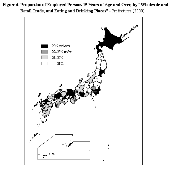 Figure 4.  Proportion of Employed Persons 15 Years of Age and Over, by Wholesale and Retail Trade, and Eating and Drinking Places - Prefectures (2000)