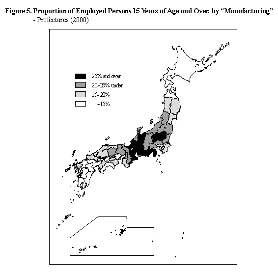 Figure 5.  Proportion of Employed Persons 15 Years of Age and Over, by Manufacturing - Prefectures (2000)