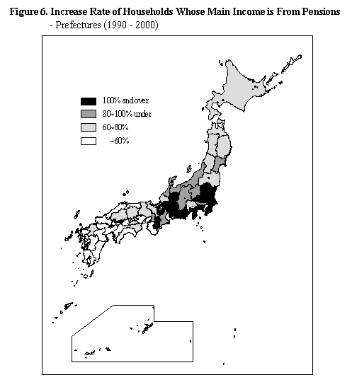 Figure 6.  Increase Rate of Households Whose Main Income is From Pensions - Prefectures (1990 - 2000)