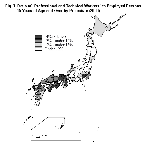 Fig. 3 Ratio of 'Professional and Technical Workers' to Employed Persons 15 Years of Age and Over by Prefecture (2000)