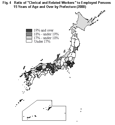 Fig. 4 Ratio of 'Clerical and Related Workers' to Employed Persons 15 Years of Age and Over by Prefecture (2000)