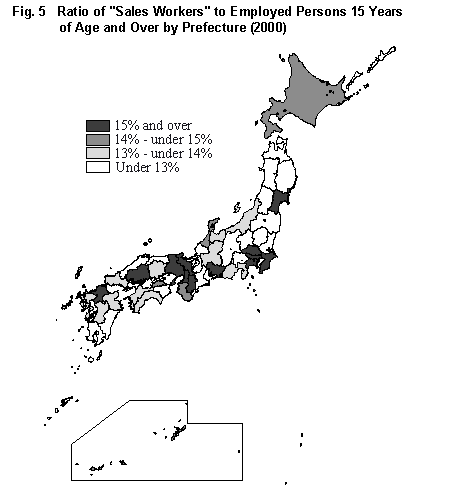 Fig. 5 Ratio of 'Sales Workers' to Employed Persons 15 Years of Age and Over by Prefecture (2000)