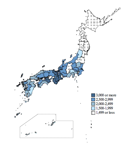Figure III-4 Room Air-Conditioner Ownership Quantities per 1,000 Households of Two or More Persons by Prefecture
