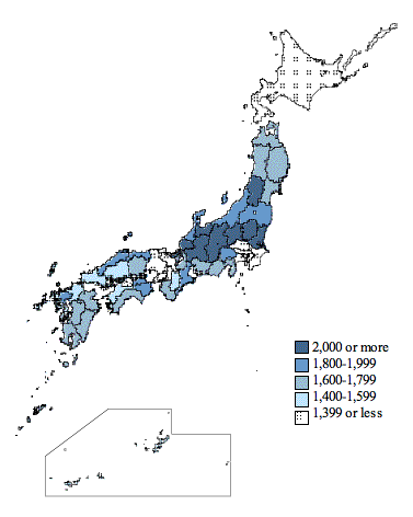 Figure III-5 Car Ownership Quantities per 1,000 Households of Two or More Persons by Prefecture