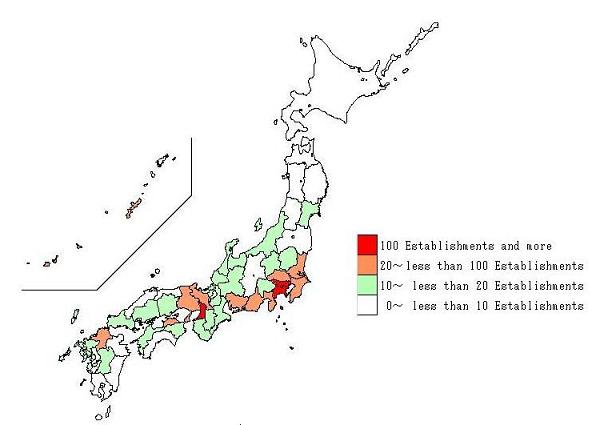 The number of establishments per km2 by prefectures