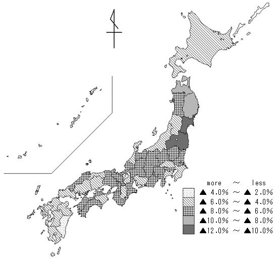 The number of establishments change rate by prefectures (compared to 2009 Economic Census)