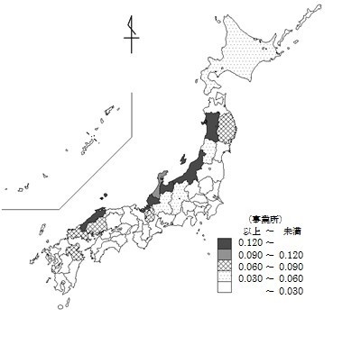 米作農業の人口1千人当たりの都道府県別事業所数（地図）