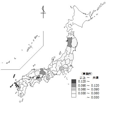 めん類製造業の人口1千人当たりの都道府県別事業所数（地図）