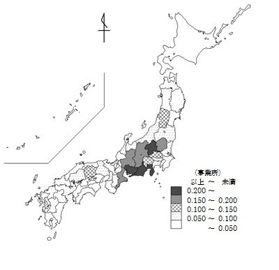 自動車部分品・附属品製造業の人口1千人当たりの都道府県別事業所数（地図）