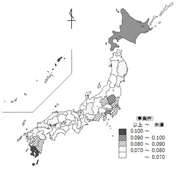 獣医業の人口1千人当たりの都道府県別事業所数（地図）