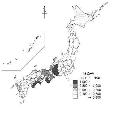喫茶店の人口1千人当たりの都道府県別事業所数（地図）
