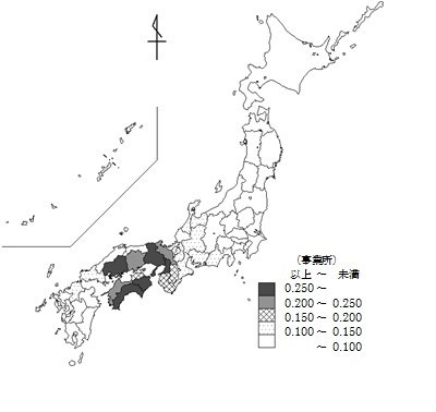 お好み焼・焼きそば・たこ焼店の人口1千人当たりの都道府県別事業所数（地図）