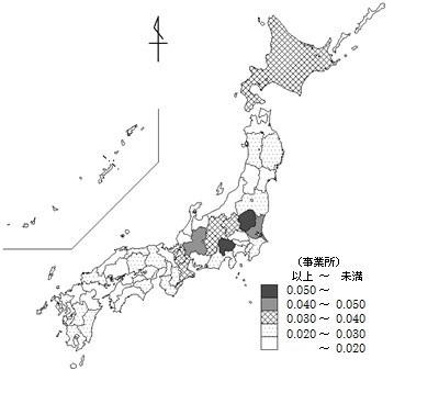 ゴルフ場の人口1千人当たりの都道府県別事業所数（地図）