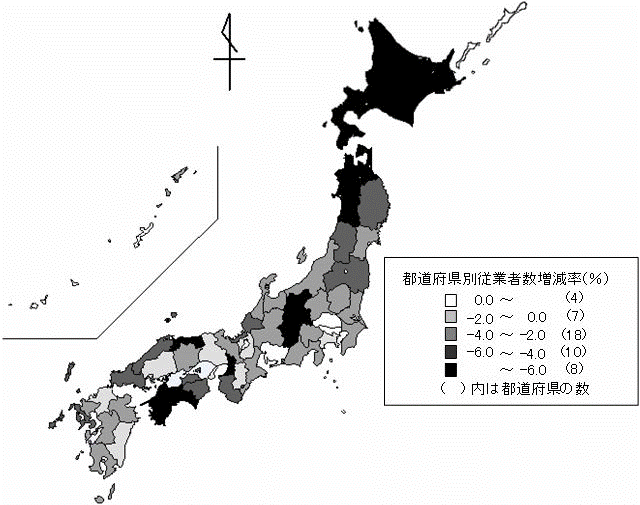図I-15　都道府県別事業所数、従業者数増減率（平成13年〜18年）