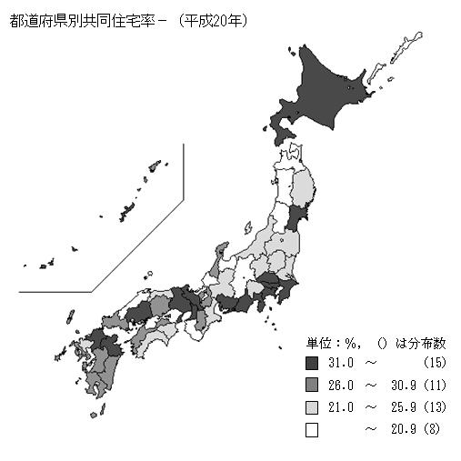 都道府県別共同住宅率の図