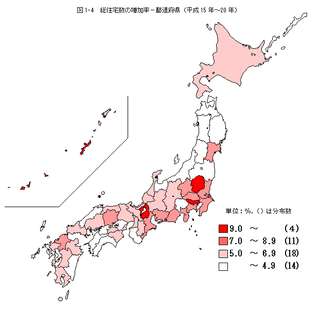 図1-4　総住宅数の増加率−都道府県（平成15年〜20年）