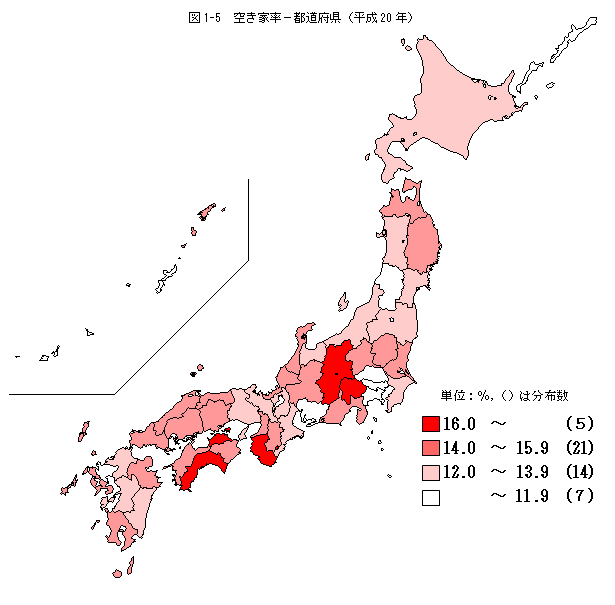 図1-5　空き家率−都道府県（平成20年）