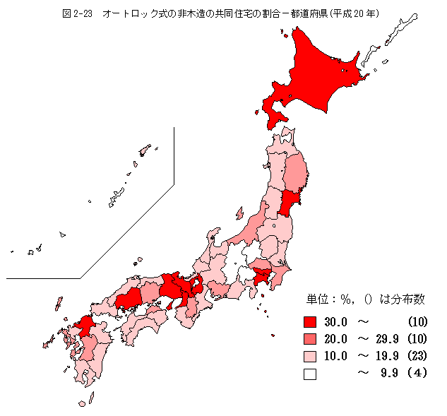 図2-23　オートロック式の非木造の共同住宅の割合−都道府県（平成20年）