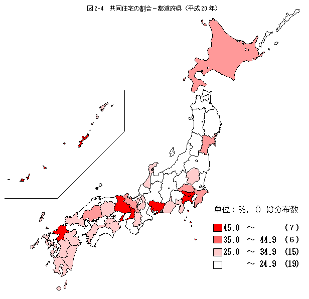 図2-4　共同住宅の割合−都道府県（平成20年）
