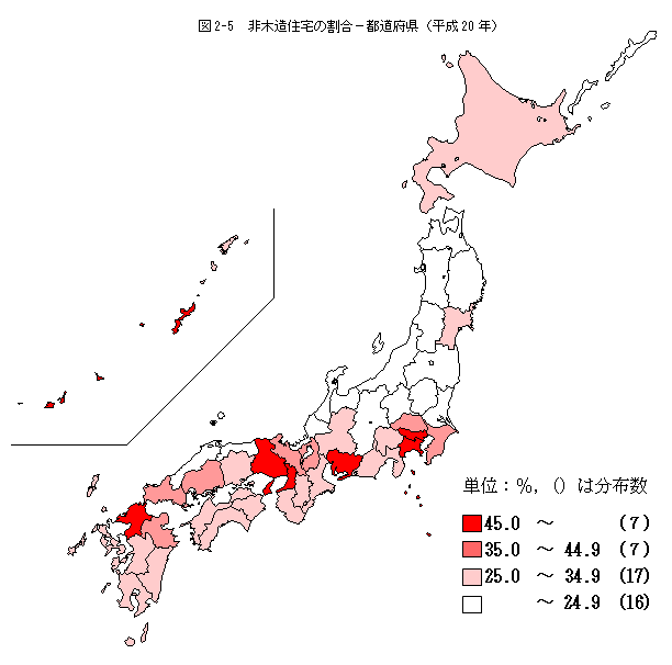 図2-5　非木造住宅の割合−都道府県（平成20年）