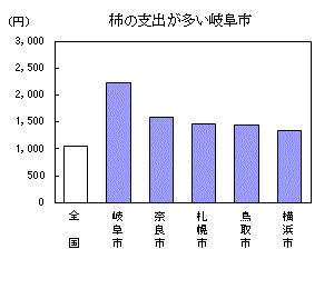 柿の支出が多い岐阜市（詳細はそれぞれのエクセルデータを参照してください）