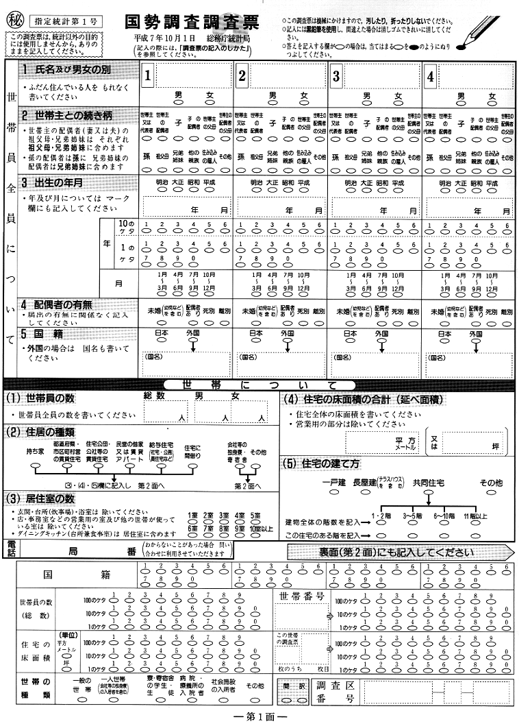 平成７年国勢調査　調査票　第１面