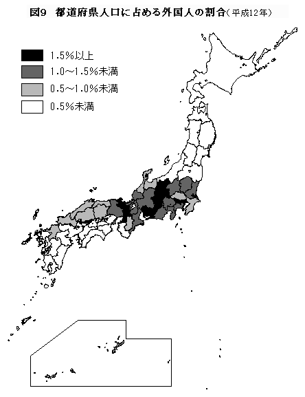 図9　都道府県人口に占める外国人の割合（平成12年）