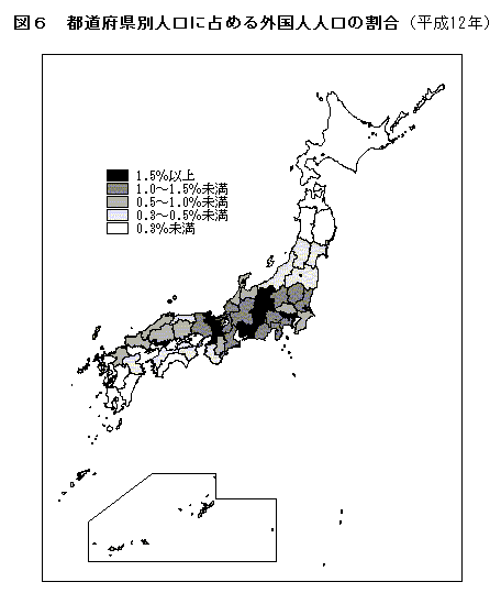 図6　都道府県別人口に占める外国人人口の割合（平成12年）