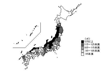 図4-5　都道府県別一般世帯の1世帯当たりの住宅の延べ面積（平成17年）