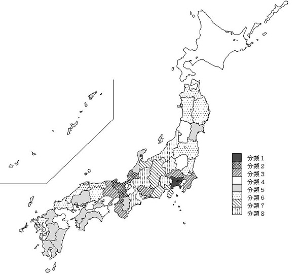 統計局ホームページ 都道府県別 10大費目別消費者物価地域差指数の構造により各都道府県を8つのタイプ 型 に分類