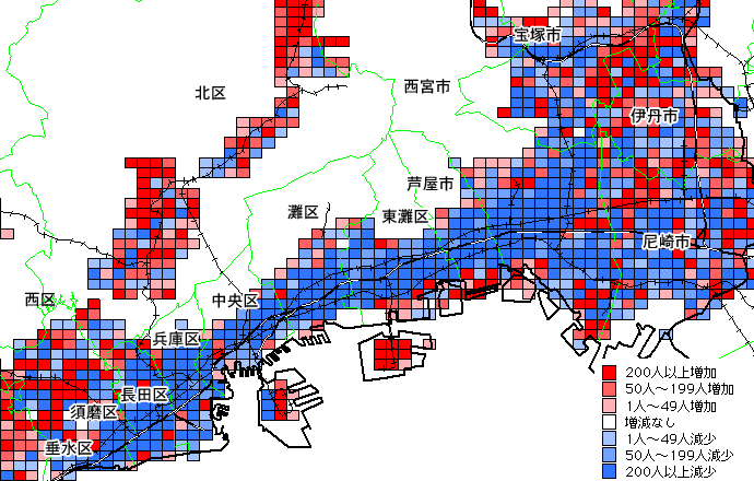 図1　主要な市街地の人口増数増減数（H2-H7)