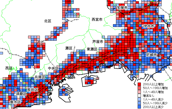 図2　主要な市街地の人口総数増減数(H7-H12)