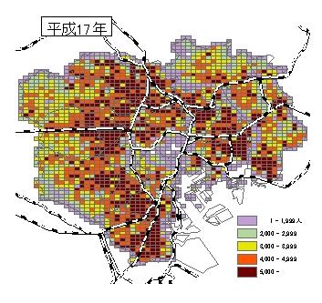 図1　東京都区部における人口の地理的分布の推移（H17）