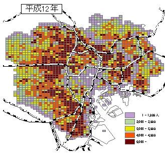 図1　東京都区部における人口の地理的分布の推移（H12)