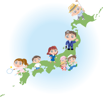 日本地図とさまざまな人のイラスト