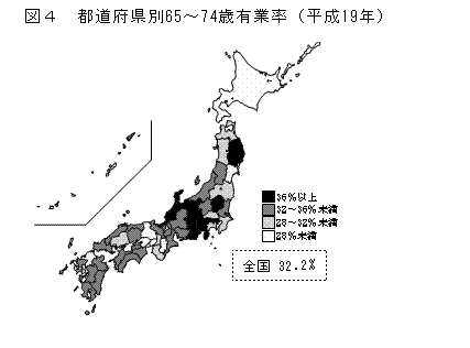 図4　都道府県別65〜74歳有業率（平成19年）