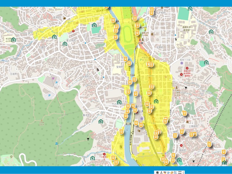 ながさきデータマップの画面。情報を地図上に重ねて表示することも可能