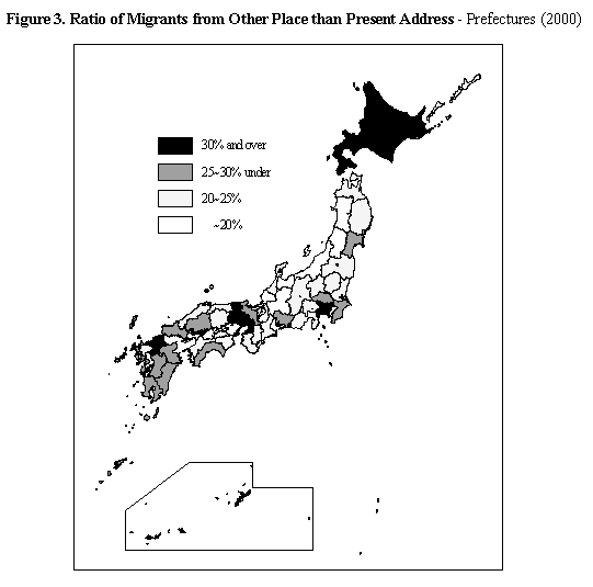 Figure 3. Ratio of Migrants from Other Place than Present Address - Prefectures (2000)