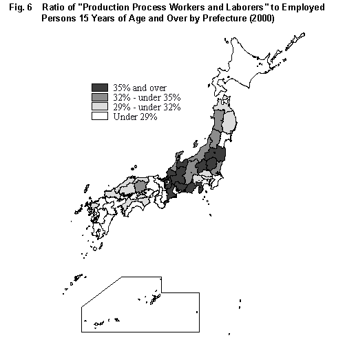 Fig. 6 Ratio of 'Production Process Workers and Laborers' to Employed Persons 15 Years of Age and Over by Prefecture (2000)