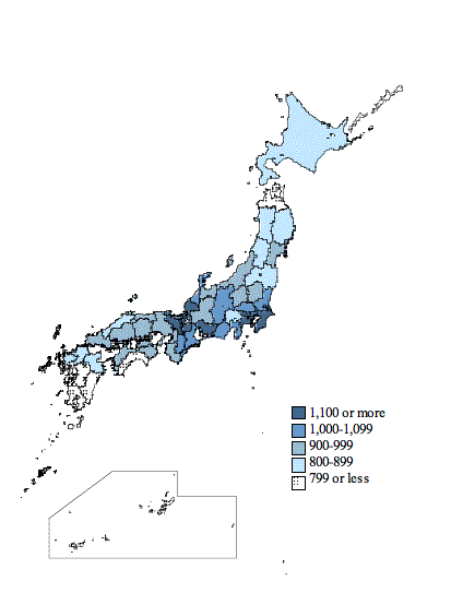 Figure III-1 Personal Computer Ownership Quantities per 1,000 Households of Two or More Persons by Prefecture