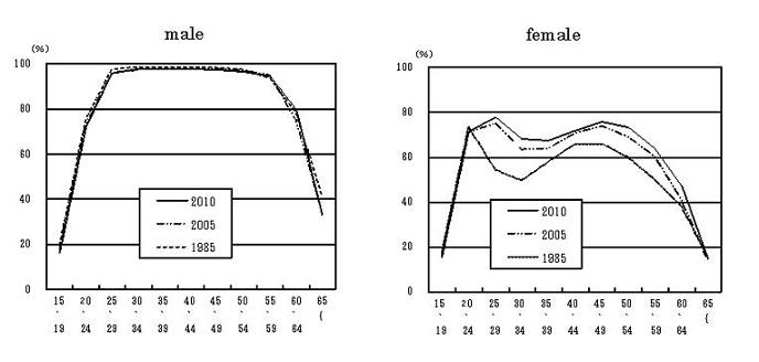 Labour force participation rate by age (five-year groups) and sex -Japan: 1985, 2005 and 2010