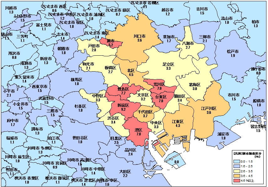 外国人人口の総人口に占める割合階級区分地図（東京都特別区及び周辺地域）