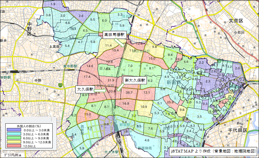 町丁・字等別外国人人口の総人口に占める割合階級区分地図（新宿区）