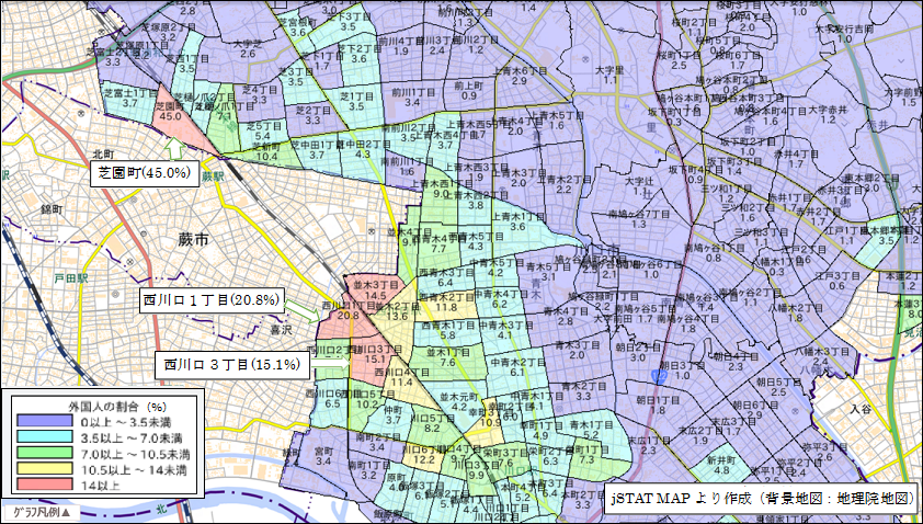 町丁・字等別外国人人口の総人口に占める割合階級区分地図（川口市）