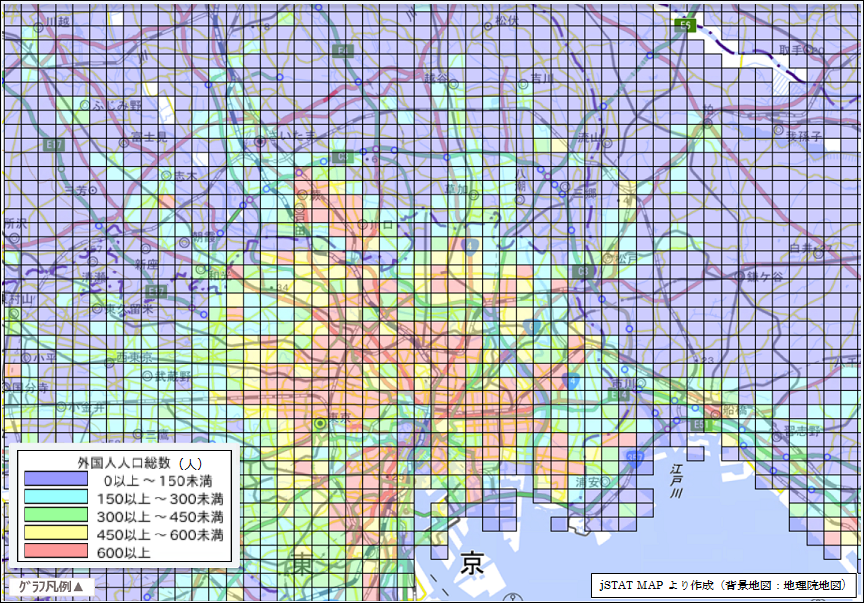 地域メッシュ統計による東京都特別区及び周辺地域の外国人人口の階級分布（基準（1km）地域メッシュ）