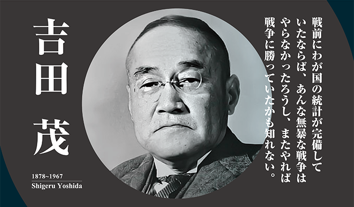 吉田茂　1878~1967　Shigeru Yoshida　戦前にわが国の統計が完備していたならば、あんな無暴な戦争はやらなかったろうし、またやれば戦争に勝っていたかも知れない。